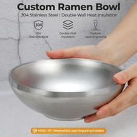 304 Stainless Steel Double Wall Insulated Ramen Bowl Custom Logo Laser Engraved Vintage Distressed Korean Cold Noodle Salad Bowl