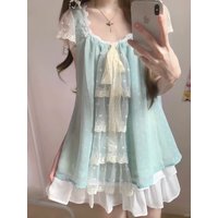 Japanese Sweet Lolita Blouse Polka Dot Sheer Chiffon Top Lace Trim Bow Sleeve Kawaii Women Casual Summer Skirt Siut 2026