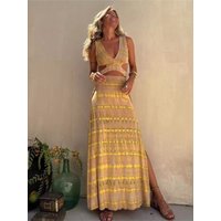 Fashion Print Slim Sleeveless Long Dresses Women Sexy V-neck Hollow Out Backless Bodycon Package Hip Slit Dress Vacation Vestido