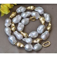 Z13124 Set 24mm White Baroque Keshi Reborn Pearl Gold-Plated Peasecod Necklace Bracelet Earring