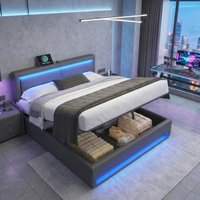 PINGGO Upholstered bed 180 x 200 cm, Super King Size Bed-6ft, with LED lighting and storage space, without mattress, grey