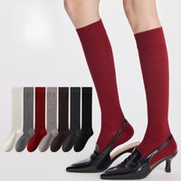 Autumn New Woolen Striped Long Knee High Socks Korean White Red Boneless Calf Socks Women Solid High Tube Slimming Stacked Socks