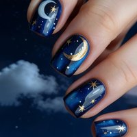 Short Square fake nails for women gilr gradient blue red black Moon star starry design cat eyes effect full cover press on nails
