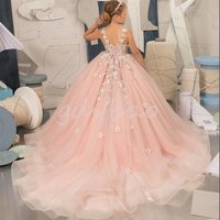 Luxury Pink Tulle Puffy Kids Dresses For Party Wedding Flower Girl Dress Sleeveless Communion Princess Ball Gowns Prom Wear