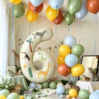 2pcs Jungle Wildlife Balloon set,cream colored number 0-9balloon,animal sticker,for anniversary, animal themed birthday decor