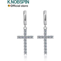 KNOBSPIN D VVS1 Cross Moissanite Earrings for Women Man GRA Certified Round Diamond Solid s925 Silver Plated 18k Hoop Earring