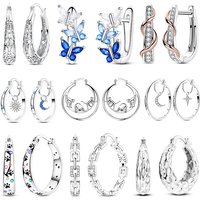 Silver 925 Hoop Earring For Woman Pendientes Cat Butterfly Star Original Engagement Anniversary Jewelry Gift