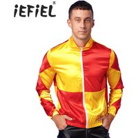 Mens Jockeys Horse Costume Satin Jackets Front Zipper Contrast Checkerboard Outerwear Horse Trainer Halloween Cosplay Party Coat