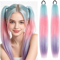 Synthetic 24 Inch Ombre Blue Pink Purple Glitter Ponytail Hair Extensions With Rainbow Ponytails for Girls Women Party Cosplay