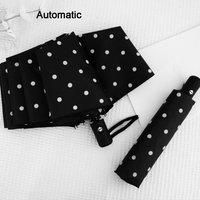 Automatic/Manual Polka Dot Umbrella Black Coated Folding Dual Use Umbrella UV Protection Lightweight Sunshade Umbrella