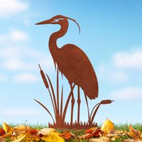 Vintage Rust Metal Crane Lawn Ornament – Distressed Heron Garden Sculpture Stake, Outdoor Pond Pathway Decor, Garden Heron Metal