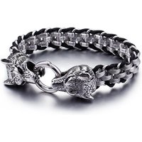 AliExpress Qiaonitu 12mm Punk Black Leather Bike Bracelets Men Women Retro Stainless Steel Viking Double Wolf Head Charm Wrap Chain Bangle Jewelry