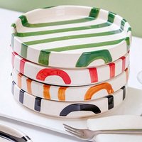 Hand Painted Ceramic Plate Korean Style Striped Design Elegant High Grade Dinnerware with Raised Edge for Dessert Salad Pasta