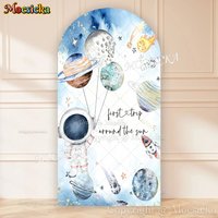 Mocsicka Astronaut Boy Birthday Party Arch Cover Backdrop Newborn First Trip Around the Sun Background Blue Cosmic Planet Decor