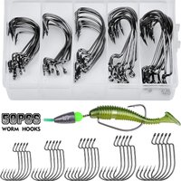 50pcs/box Premium Crank Barbed Hooks Set - High Carbon Steel Wide Gap Offset Fishhook for Soft Worm Fishing,Corrosion-Resistant