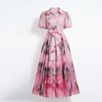 Vintage Ink Wash Print Shirt Dress For Women Summer Puff Sleeve Lace Up Belt A-Line Casual Bohemian Dresses Long Party Robes