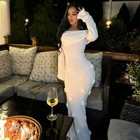 Women's Elegant Slim-Fit Knitted Long Sleeve Dress,Floral Decoration One-Shoulder Design,All Season Wearable Casual Dress