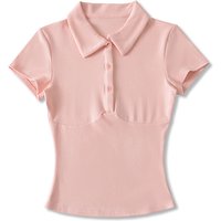 American Sle ort Sve Slim Fit T-irt Women's Summer Elastic Waist Cinched Button up Collar Tight Base irt