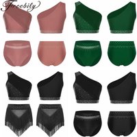 Gymnastics Suits Women's Latin Lyrical Dance Costume Dancewear One Shoulder Mesh Crop Top with Briefs Figure Skating Outfits