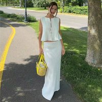 Folded Ruffles Lace Up Top &Skirt Sets For Women Suits Chic Sleeveless Ruffles Tank Long Skirt 2 Pieces Set New Summer Outfit