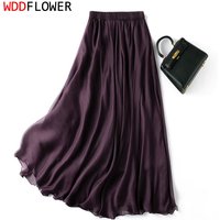 Women Silk Skirt 100% Mulberry Silk Solid Purple Long Type Skirt With Double Lining Summer Beach Big Hem MM795