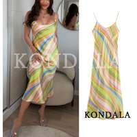 KONDALA Women Casual Holiday Striped Satin Camisole Dress 2026 Summer Stylish Beach Elegant Midi Dress Printed Backless Dress