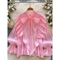 Women Blouse Elegant Bow-detailed Chiffon Blouse Ruffle Hem Featuring Lightweight Layering Piece Spring Summer Blusa Top BL341
