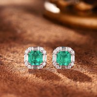 Huitan Fresh Style Green Cubic Zirconia Stud Earrings for Women Modern Fashion Geometric Shape Ear Stud Temperament Lady Jewelry