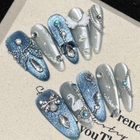 10pcs Handmade Press On Nails Haze Blue Grey Glitter Cat's Eye False Nail White Swan Angel Wing Diamond Decor Romantic Fake Nail