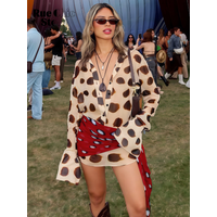 Print V-neck Lace Up Casual Dress Women Chic Thin Mesh Polka Dot Flared Sleeves Patchwork Slim Fit Dresses Lady Daily Vestidos