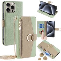 Crossbody Leather Zipper Wallet Case for iPhone 16 Pro Max 16E 15 Plus 14 13 12 11 X XR Flip Mirror Cover Long Lanyard Bag Cover