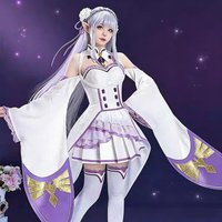 Re Zero Emilia Cosplay Costume Full Set Women White Purple Elf Outfit Dress With Elf Ears Headpiece Stockings For Halloween