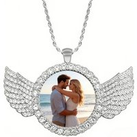 Custom Angel Wing Round Photo Necklace, Personalized Picture Pendant for Jewelry Ideal for Anniversary Birthday Gift for Him Her