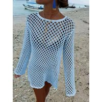 Beach Style Hollow Out Bikini Cover-Up,Round Neck Knit Long Sleeve Casual Dress, Fitted Plain Design,Perfect for Summer Holiday