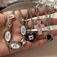 Gothic Punk Fashion Charm Cute Pink Large Cross Pendants Choker Chains Necklace Women Y2K 2000s EMO Grunge Accessories Jewelry