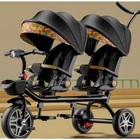 Twin Kids Tricycle with Safety Guardrail,Anti-Slip Rear Brake Detachable Seat,Foldable Twin Baby Carrier for Outdoor Mall Trips