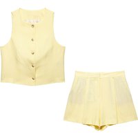 Women's Fashion Front Button Linen Blend Waistcoat And High Waist Bermuda Shorts Set Female Outfit