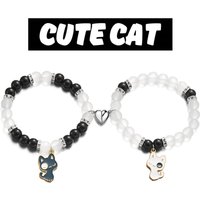 2pcs Magnetic Couple Bracelets Love Heart Shaped Matching Attraction Black White Cat Kitten Pendant Beaded Bracelet Jewelry Gift