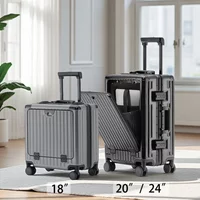 Multifunctional Aluminum Alloy Frame Suitcase Front Opening Luggage Cup Holder USB Charging Port TSA Customs Lock Brake Wheel
