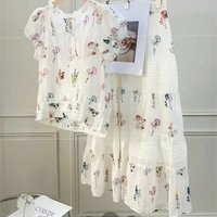 New Summer Elegant 2 Piece Sets Woman Outfit Fashion Flower Print Puff Sleeve Blouse Top + Patchwork Midi Skirt Holidays Suit