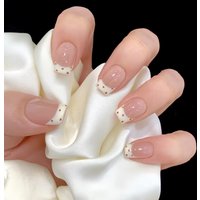 Short Square Press on Nails Nude Brown Polka Dot French Fake Nails Minimalist Sweet Detachable Manicure Teen Girls Daily Dating