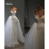 Customized Pearls Beaded Wedding Dress Luxury Spaghetti Straps Feather with Overskirt White Bridal Gown 2 in1 Vestidos De Novia