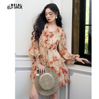 ELFSACK Women's Strawberry Print Midi Dress, V-Neck Ruffle Hem A-Line Dress with Lace Trim, Sweet Summer Dress