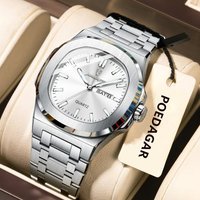 POEDAGAR Classic Square Men Wristwatch Waterproof Luminous Date Week Casual Man Clock Stainless Steel Men's Quartz Watches Reloj