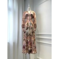 Ladies 100% Silk Retro Maxi Dress Crystal Beaded V-Neck Elastic Waist Lantern Sleeve Floral Printed Elegant Female Robe