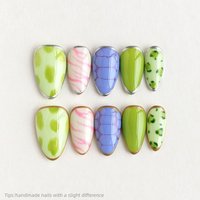 10pcs Handmade Spring Press On Nails Almond Short Green Purple Leopard Snake Print Fake Nails Metal Frame Decor False Nails