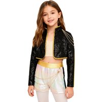 Girls 3Pcs Demon Popular Singer Outfits Halloween Party Costumes Sequins Long Sleeve Jacket Iridescent Gloss Crop Top Shorts