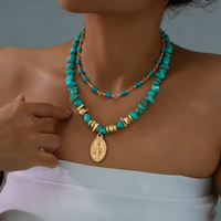 2Pcs Vintage Blue Natural Stone Beads Choker Necklaces for Women Bohemia Geometry Pendant Necklace Trendy Neck Jewelry