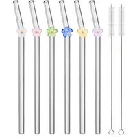 6Pcs Flower Glass Straws Reusable Clear Straws Smoothies Cocktails Drinking Eco Friendly Bar Tools Drinkware Straws with Brushes