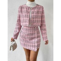 Women's Tweed 2-Piece Set Cropped Blazer & Mini Skirt Spring Elegant Office Lady Casual Matching Outfit For Dating & Party